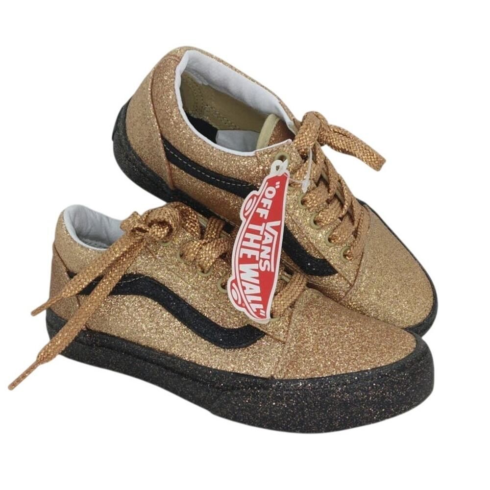 VANS OLD SKOOL Girls New Party Glitter Gold/Black Sneakers - sz. 2 1/2 WOW!!
